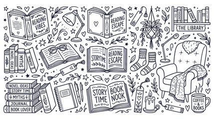 Obraz premium Cozy reading nook with books and armchair doodle.