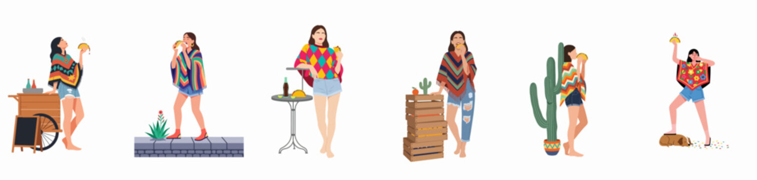 Set of illustrations depicting young women in stylish ponchos eating Mexican tacos in various outdoor street food settings.
