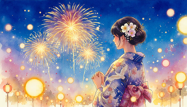 夏祭りの花火と浴衣姿の女性の水彩画