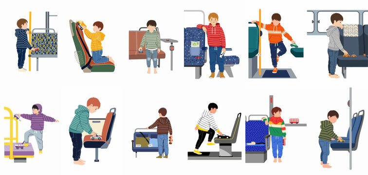 Collection of illustrations featuring young boys playing with toy cars while traveling on public transportation like buses and trains.