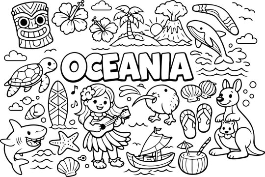 oceania landmarks cartoon outline hand drawn Line Art illustration doodle art coloring page for kids