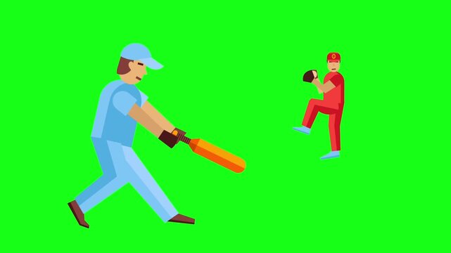 Flat Vector Animation of Cricket or Baseball Player Swinging Bat Isolated on Green Background