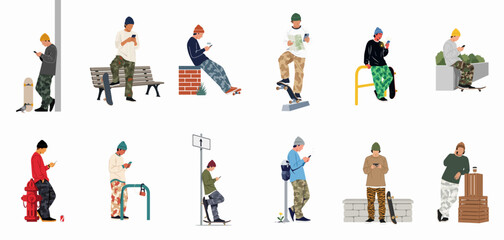 Collection of male skater characters in trendy streetwear clothes using phones and hanging out in the city, flat vector illustration set © Telu