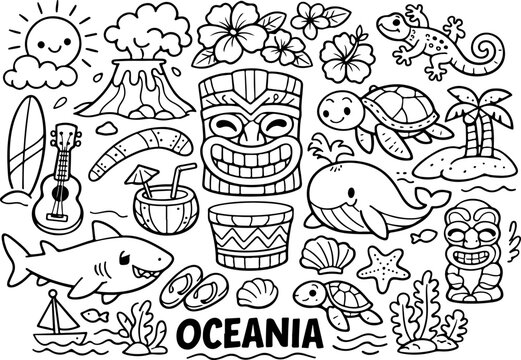 oceania landmarks cartoon outline hand drawn Line Art illustration doodle art coloring page for kids