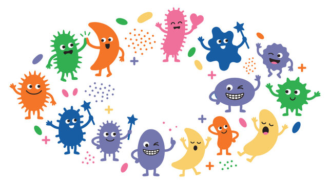 Cute cartoon probiotic bacteria characters dancing in circle on white background.