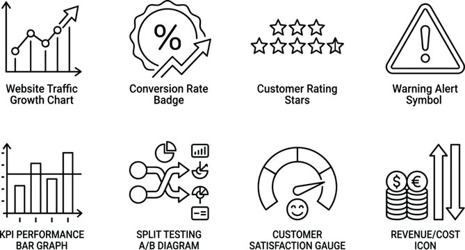 Set of minimalist business performance and marketing analytics icons for website traffic, conversion rates, and financial data