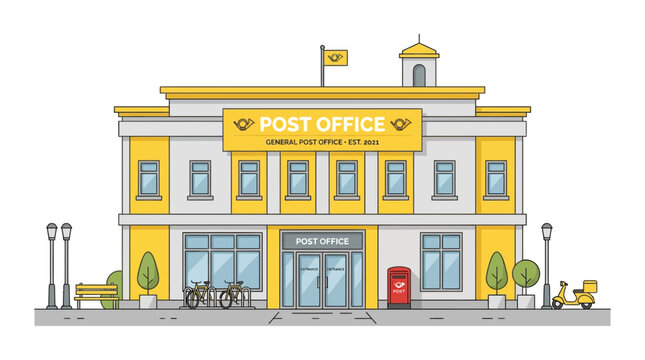 A colorful cartoon illustration of a classic post office building facade.