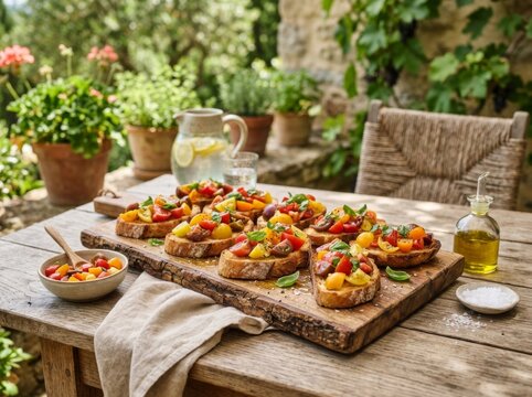 Delicious tomato bruschetta snacks served on rustic wooden board outdoors with bruschetta, appetizer