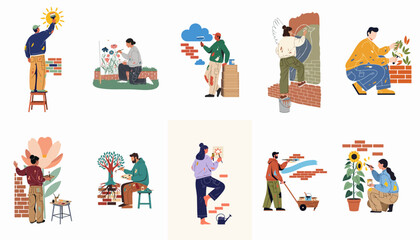 Fototapeta premium Collection of diverse artists painting creative murals on brick walls with brushes and rollers, showcasing artistic expression and street art illustration.
