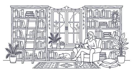 Cozy reading corner illustration with girl in chair bookshelves and cat for coloring book. © jubayer95