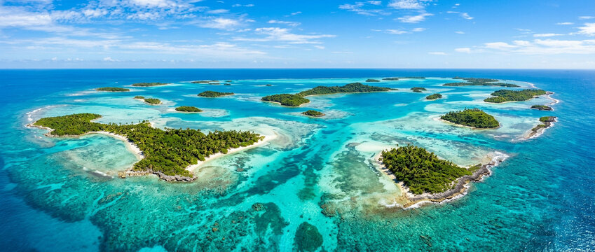 Aerial view of lush green islands in turquoise tropical ocean water