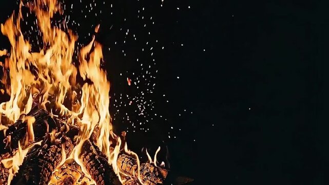 Vibrant orange campfire flames flickering with glowing embers at night