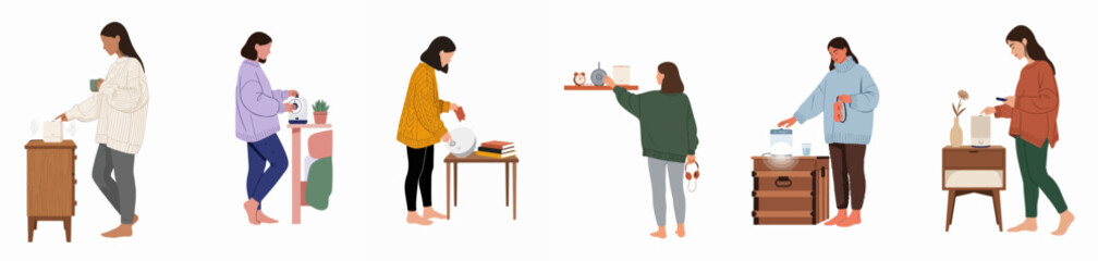 Fototapeta premium Set of illustrations depicting women using smart home gadgets for better sleep and relaxation, including humidifiers, air purifiers, and sound machines.