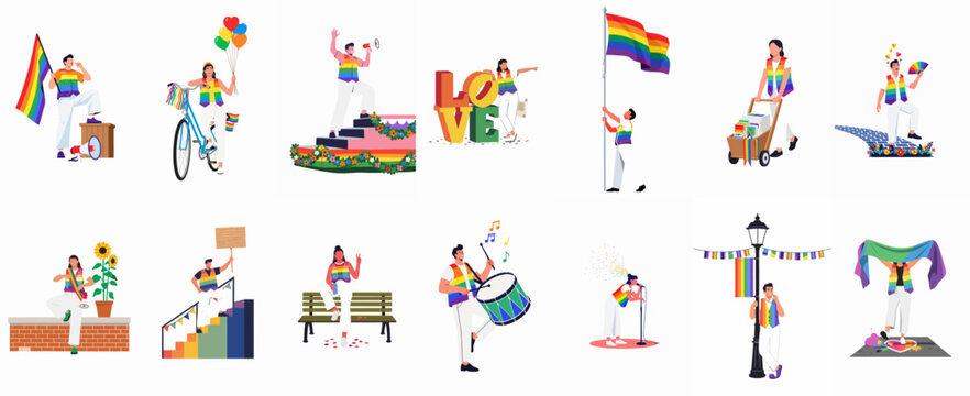 A collection of diverse people celebrating LGBTQ+ pride through various activities like parades, music, and protests, featuring rainbow flags and symbols.