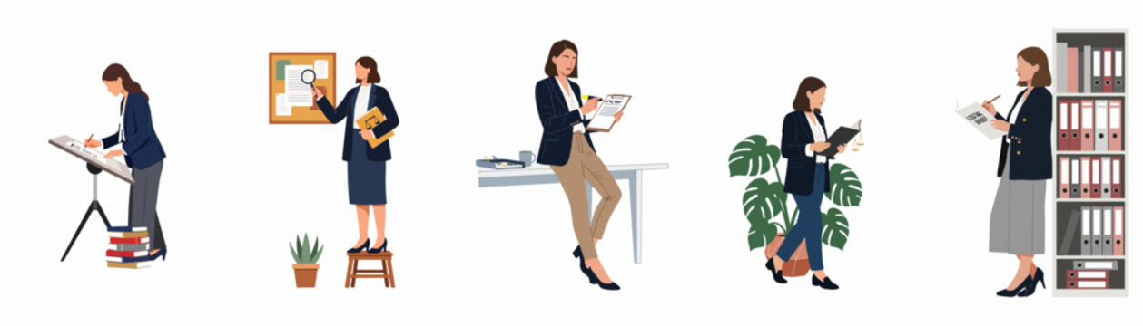 Set of professional women lawyers and legal assistants working in an office, reviewing briefs, researching cases, and organizing legal documents.