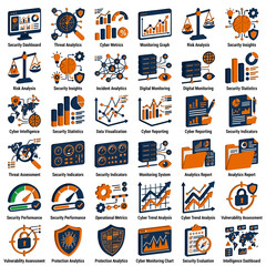 Fototapeta premium Cybersecurity and Data Analytics Icons: Security, Monitoring, and Threat Intelligence