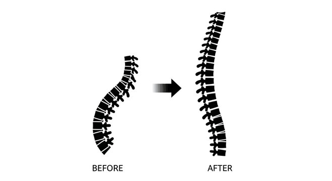 Illustration showing the correction of a curved spine to a straight alignment.
