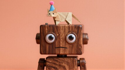 Fototapeta premium Wooden robot with paper cat on head, both wearing festive hats.