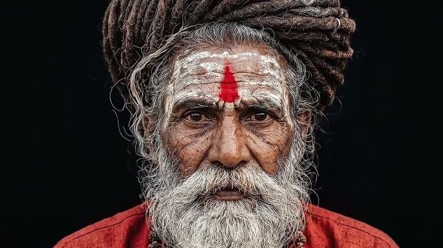 Spiritual indian monk with beard and tilak looking at viewer