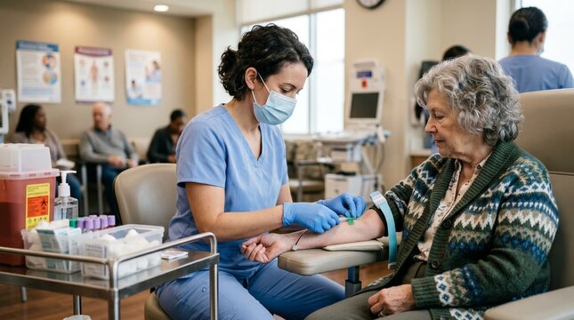 Nurse drawing blood from senior woman in medical clinic