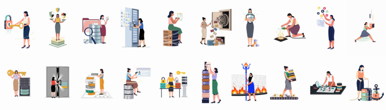 Large collection of flat vector illustrations depicting professional women managing, securing, and protecting digital data, databases, and cybersecurity systems in various business scenarios.