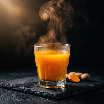 A glass of traditional Indonesian herbal drink kunyit asam with natural steam rising, showcasing its vibrant orange color and warm, healthy appeal. Captured in a clean minimal composition on a white b
