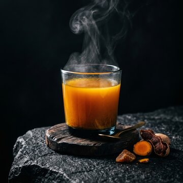 A glass of traditional Indonesian herbal drink kunyit asam with natural steam rising, showcasing its vibrant orange color and warm, healthy appeal. Captured in a clean minimal composition on a white b