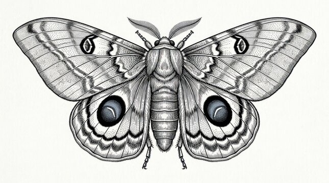 Detailed black and white illustration of a moth with symmetrical wings and eye spots