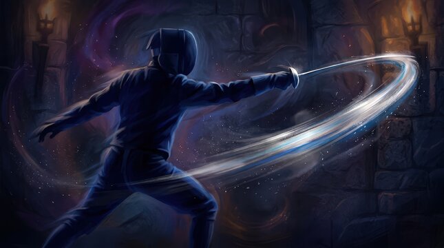 Dynamic Fencing Athlete in Motion, Capturing the Thrill of Combat with a Blazing Sword Stroke