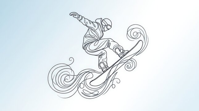 Dynamic Single Line Illustration of a Snowboarder Performing a Trick on a Powder Day, Minimalist Art Style