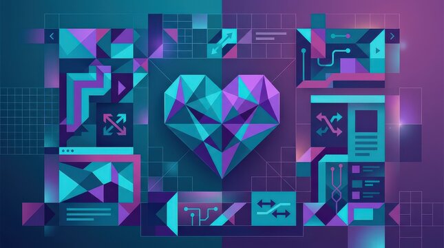 Geometric Heart Abstract Design with Network and Technology Elements, Digital Art Wallpaper