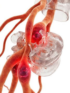 Microscopic view of inflamed nerve fibers with blood clots, illustrating neurological disease and inflammation processes.