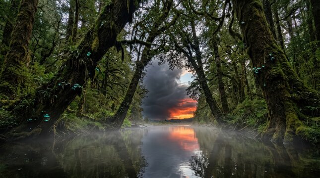 Misty Rainforest River at Dusk with Glowing Fungi and Dramatic Sky