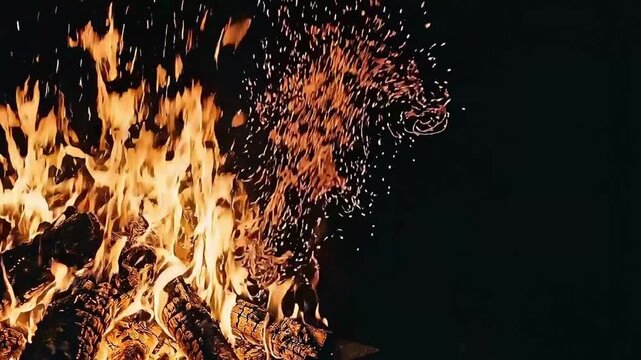 Burning bonfire with glowing embers and rising sparks at night
