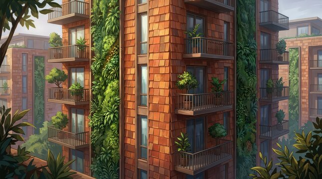 Modern Apartment Building Facade with Lush Vertical Gardens and Balconies, Architectural Detail