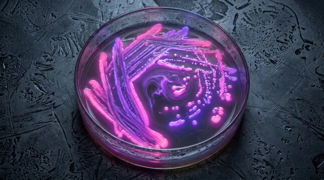 Microscopic Colonies of Bacteria Cultivated in a Petri Dish Under Vibrant Neon Lighting