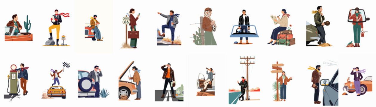 Collection of retro road trip illustrations featuring stylish characters, vintage cars, and desert landscapes for adventure and travel themes.