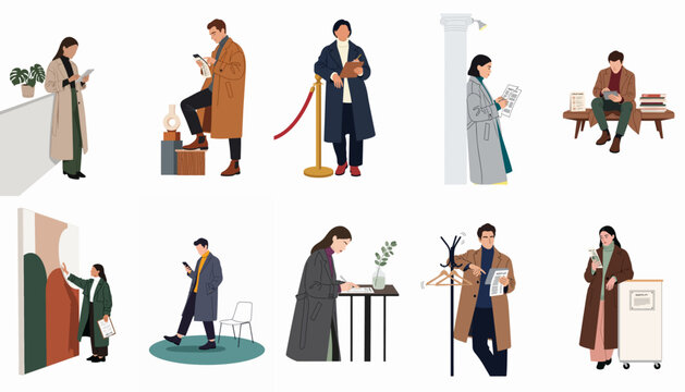Minimalist flat vector illustration of stylish people attending an art gallery opening, checking guest lists, and viewing modern artworks in elegant winter attire.