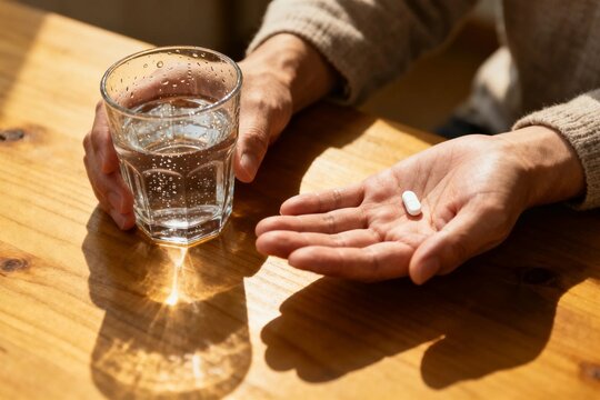 Person Holding Glass of Water and Tablet on Wooden Table