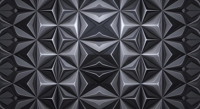Abstract dark metallic geometric seamless pattern with triangular pyramid shapes.
