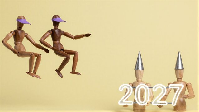 Wooden figures leap ahead, leaving 2027 behind in silver cones.