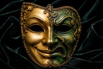 Fototapeta premium Ornate mask with gold smiling half and green sneering half on dark velvet.
