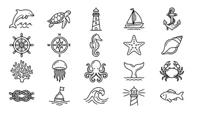 Title: Marine Ocean Nautical Outline Icon Set with Dolphin Turtle Lighthouse Sailboat Seahorse Starfish and Sea Life Doodle Vector Collection © Yeasin