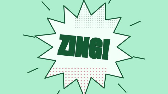 Animated comic book style zing text pop-up with retro halftone patterns and motion pop motion animation