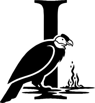 Black vulture standing near small fire illustration.