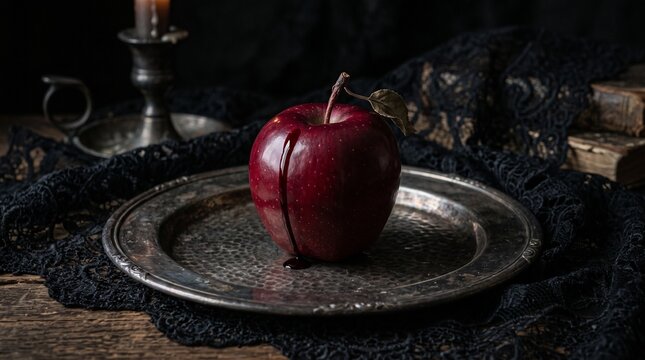 Deep crimson red apple on a silver platter with black lace. Dark gothic fantasy background.