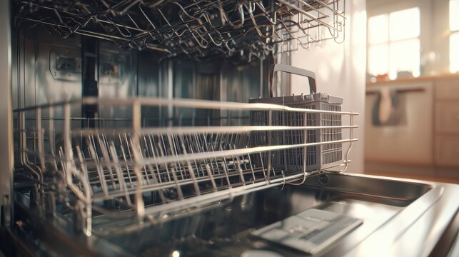 clean dishwasher inside, empty racks, subtle reflections, natural lighting, minimal and realistic, 8k