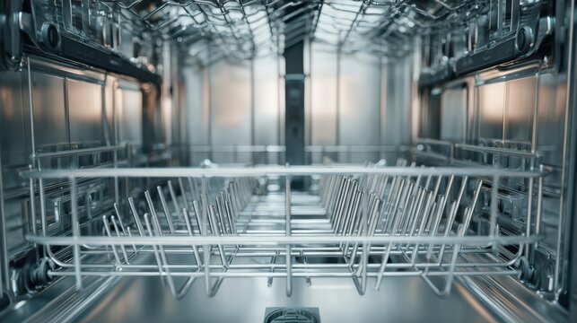 dishwasher interior close-up, empty racks and clean surfaces, soft lighting, ultra detailed textures, 8k realistic