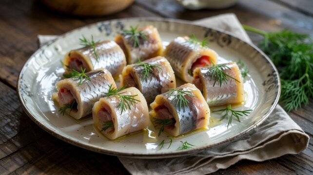 German cuisine.  
Rolmops. Cold appetizer. Fillet of pickled herring, which is wrapped in the filling.