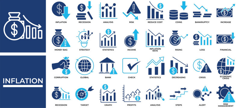 Inflation icon set collection. Containing invest, rising, statistics, increase, recovery, loss, planning .Solid vector icons collection